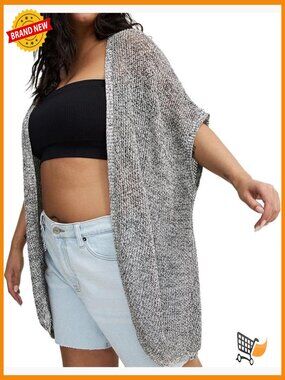 Plus Size Open Knit Cocoon Cardigan, Short Sleeve Cardigan, Black White Stripe